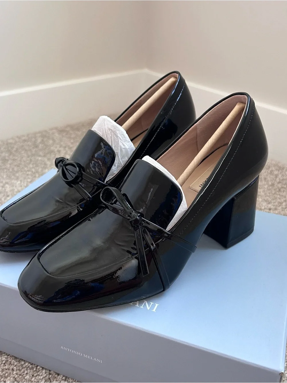 Antonio Melani Ahmber Black Patent Leather Block Heel Loafer Pumps Size 8M